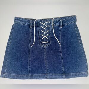 Mini blue denim skirt with lace up detail #miniskirt